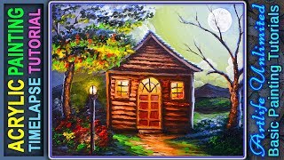 Basic House during night with full moon | Acrylic speed art painting demonstration screenshot 2