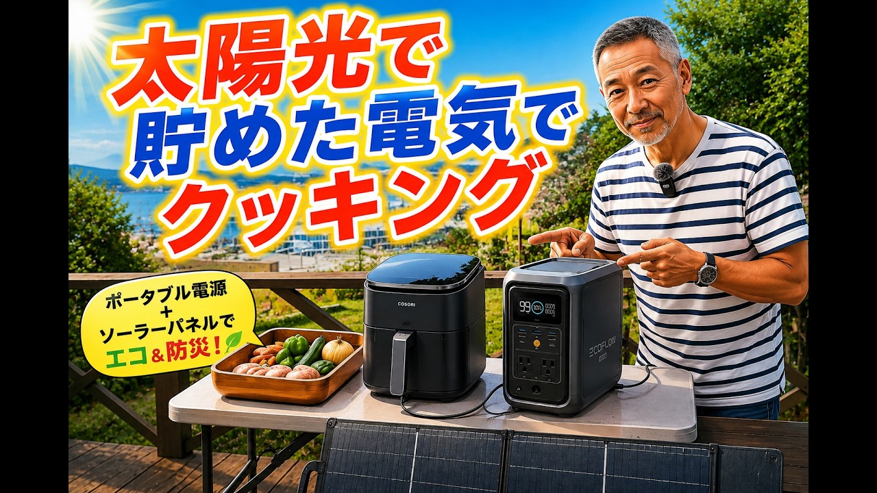 ポータブル電源とポータブル・ソーラーパネルで貯めた再生可能エネルギーを使って、1500wのノンフライヤーで「チキン＆野菜のグリル」を作ってみました。
　容量のあるポータブル電源があれば、停電などの非常時でも、食事を作ったり、扇風機、小型のエアコンや冷蔵庫も使うことが出来るので、万一の時も安心です。