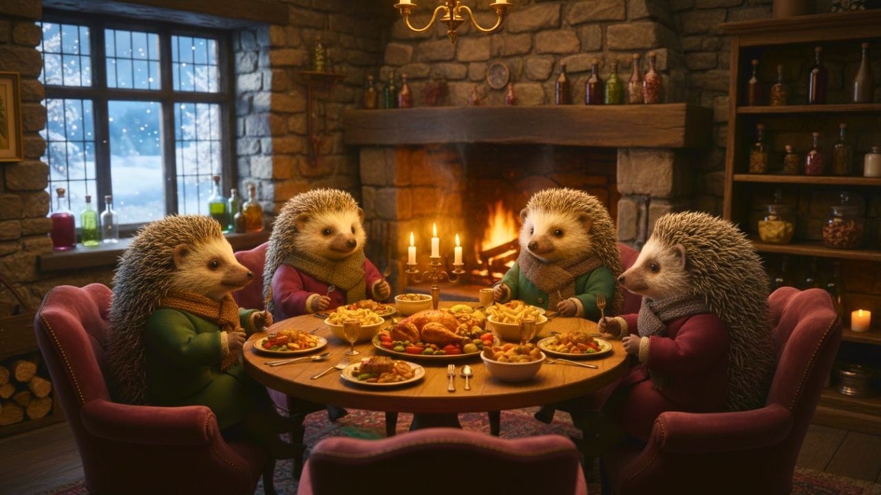 Feast with Hedgehogs 🦔 Fireplace, Soft Piano Music & Snowy Ambience for Peaceful Relaxation & Sleep