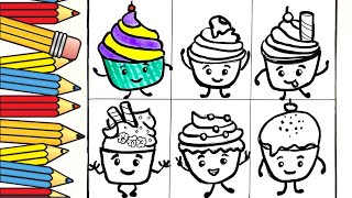 Cute Happy Smiling Cupcakes  Drawing,Colouring For kids