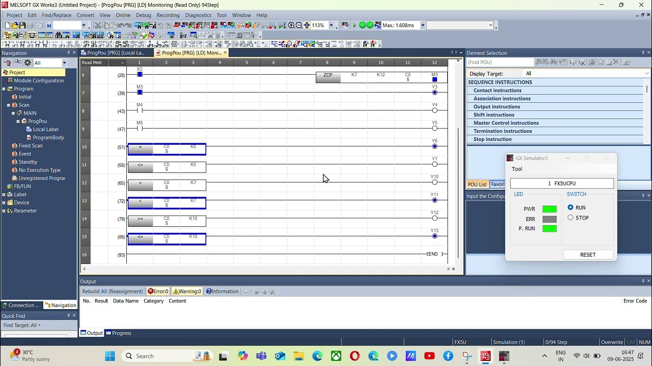 compare instructions in mitsubishi  LES GRT EQL NEQ GEQ LEQ IN SIMULATION