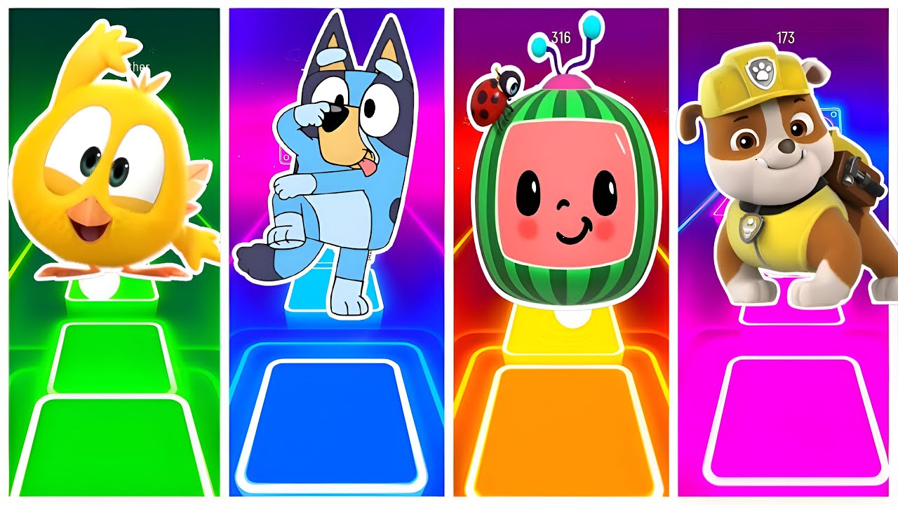 Bluey Bingo 🆚 Blippi 🆚 Where's Chicky 🆚 Cocomelon in Tiles Hop EDM Rush🎶