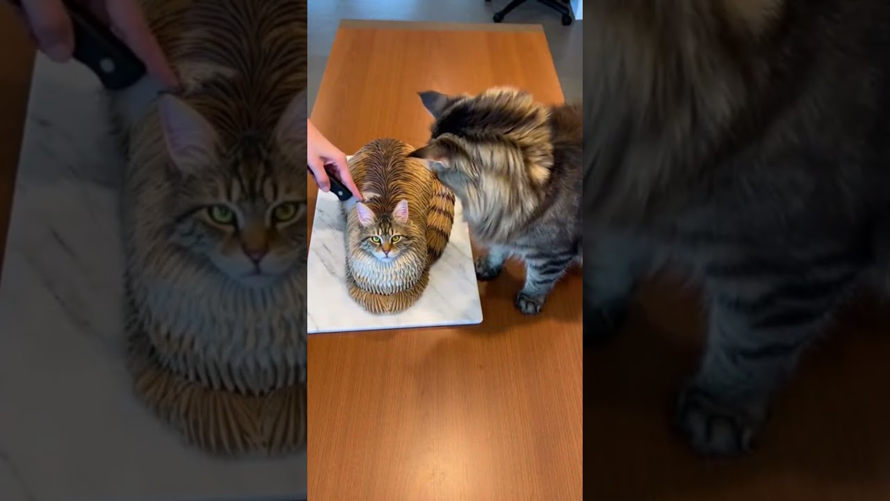 Real Maine Coon cat vs look-alike cat cake: the moment we slice it (safe shoot)