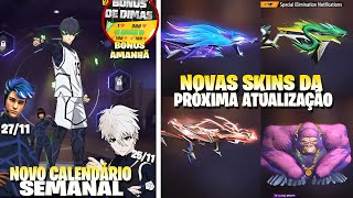 NOVO CALENDÁRIO SEMANAL FREE FIRE! BÔNUS CHEGANDO, NOVAS SKINS DA PRÓXIMA ATUALIZAÇÃO OB47 E MAIS!!