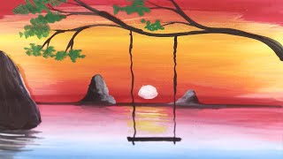 easy painting scenery river sunset