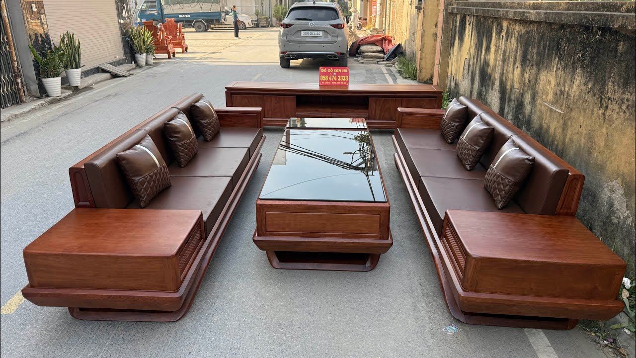 Sofa zito chân thuyền 2 văng dài gỗ hương đá kê đối song song | Xưởng Đồ Gỗ Sơn Hà
