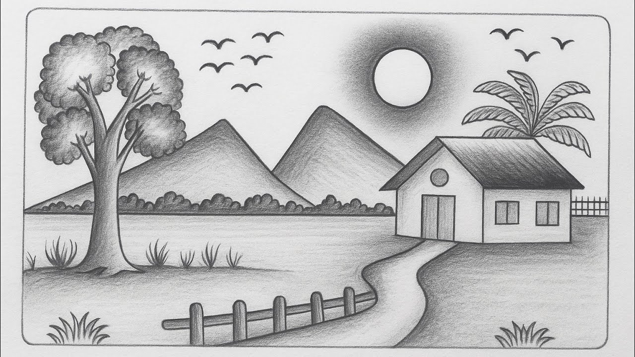 how to draw scenery with pencil step by step/ prakrutik drishya kaise banaen/ प्राकृतिक दृश्य 