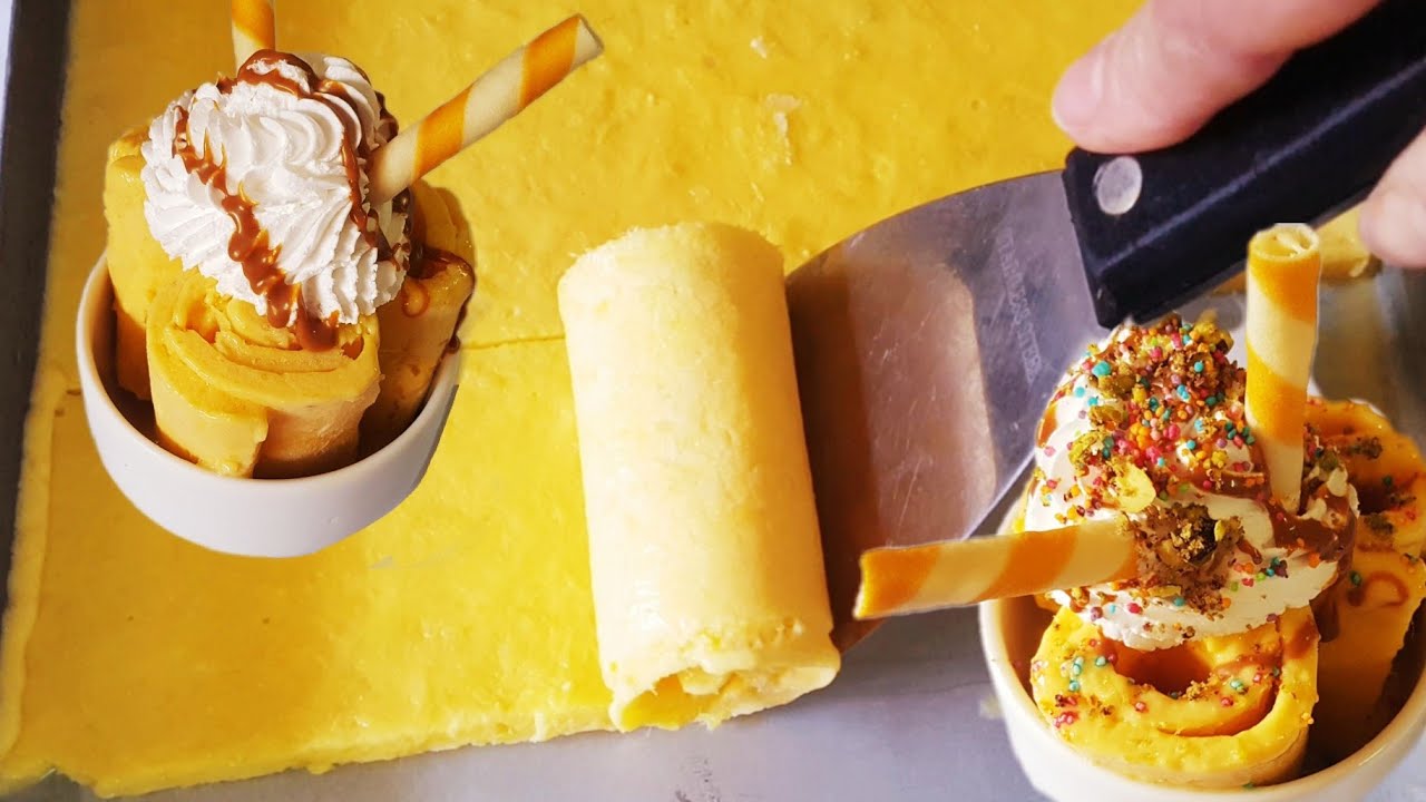 ايس كريم رولز بالمانجو بدون كريم شانتيه وبدون كريمة لبانى وبدون ماكينة