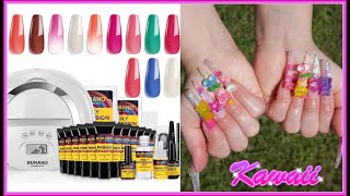 Burano Deluxe Polygel Kit W/ Lamp Review I Kawaii Mixed Shapes Gummy Bear Hello Kitty Glitter Nails