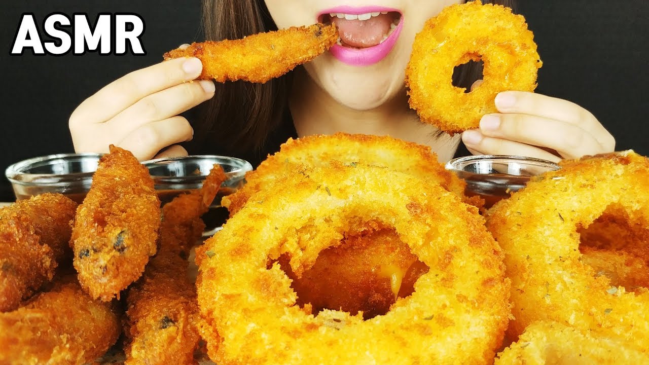 ASMR жареные креветки и жареный сыр лук кольцами (еда звуки)