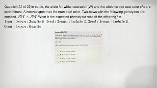 Question 22 of 25 In cattle, the allele for white coat color (W) and the allele for red coat color (