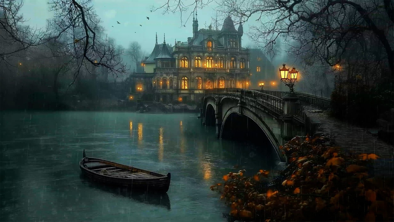 Old Gothic Manor Across the Silent Lake | Lantern, Fog & Rain | Dark Academia Music for Deep Focus