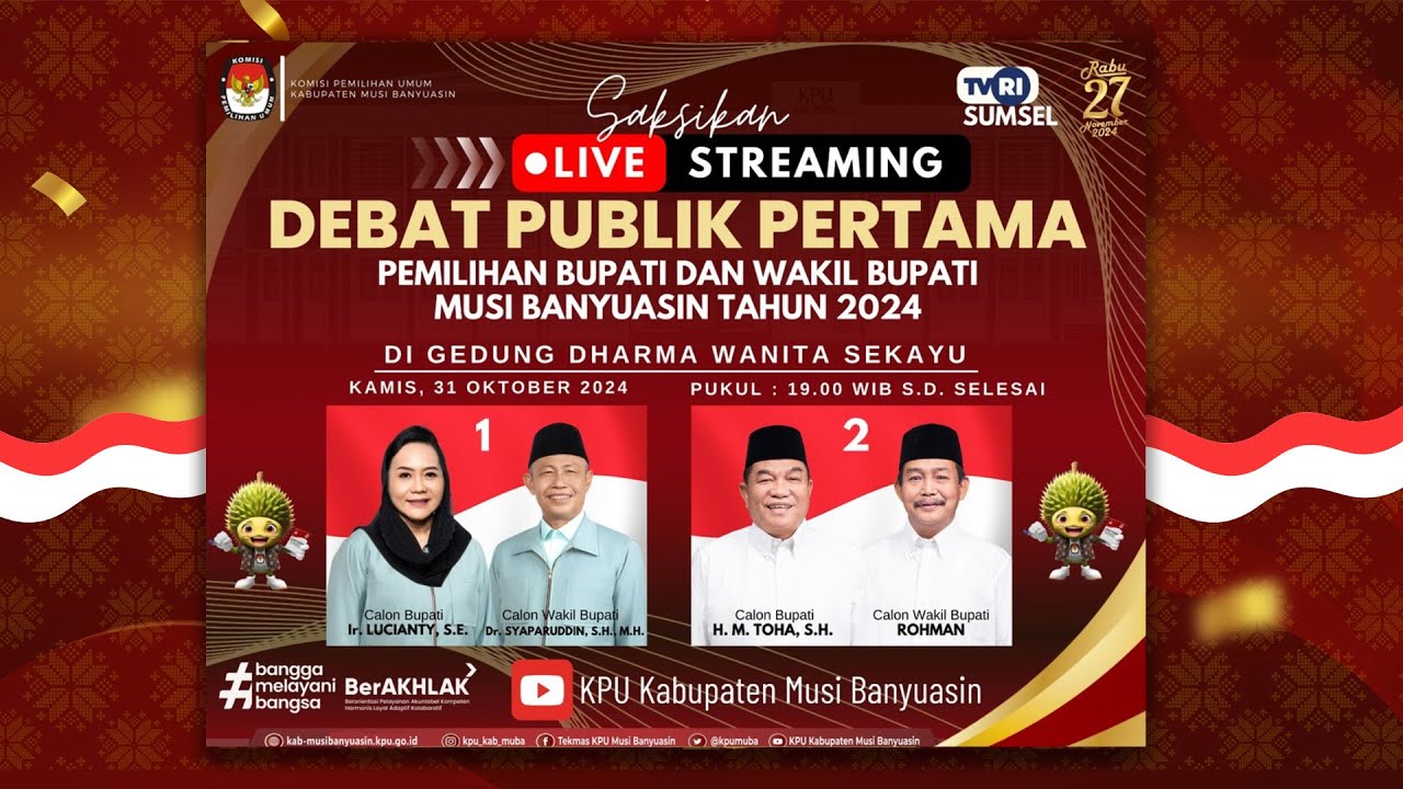 LIVE DEBAT PUBLIK PERTAMA PEMILIHAN BUPATI DAN WAKIL BUPATI MUSI BANYUASIN TAHUN 2024