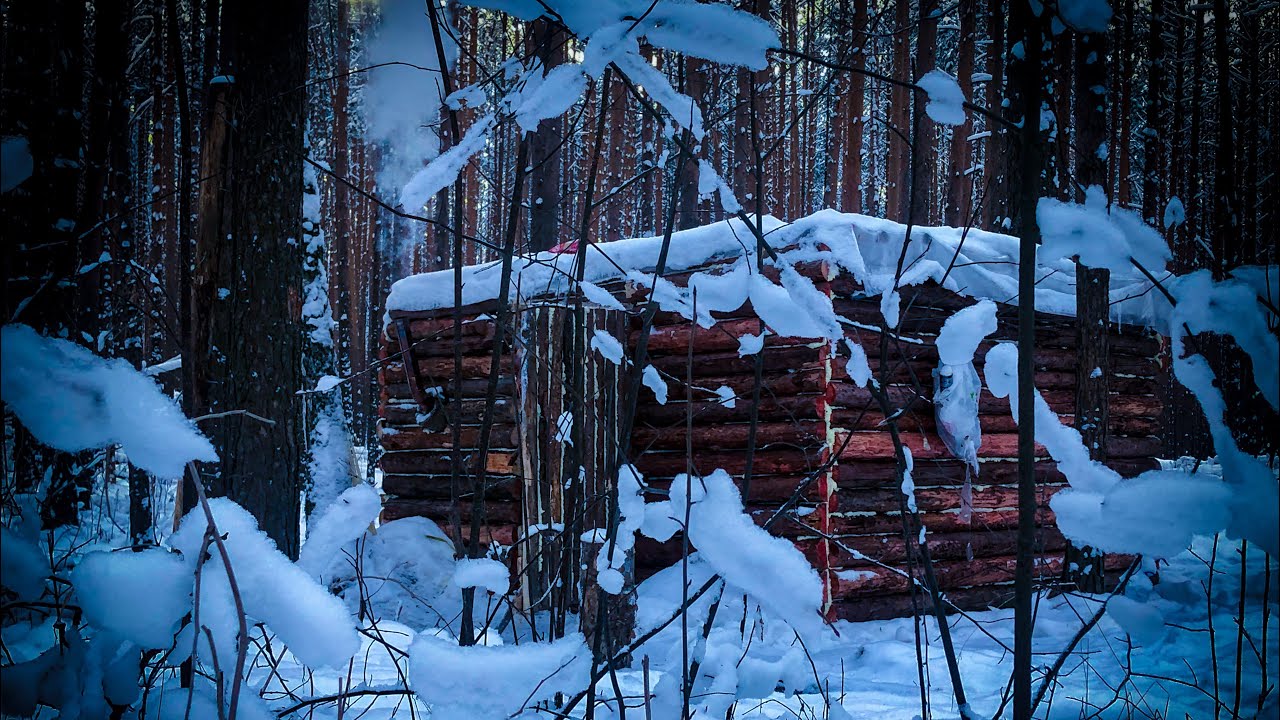 OVERNIGHT in a LOG CABIN | PRIMITIVE DISHES | WINTER FOREST | BUSHCRAFT ...