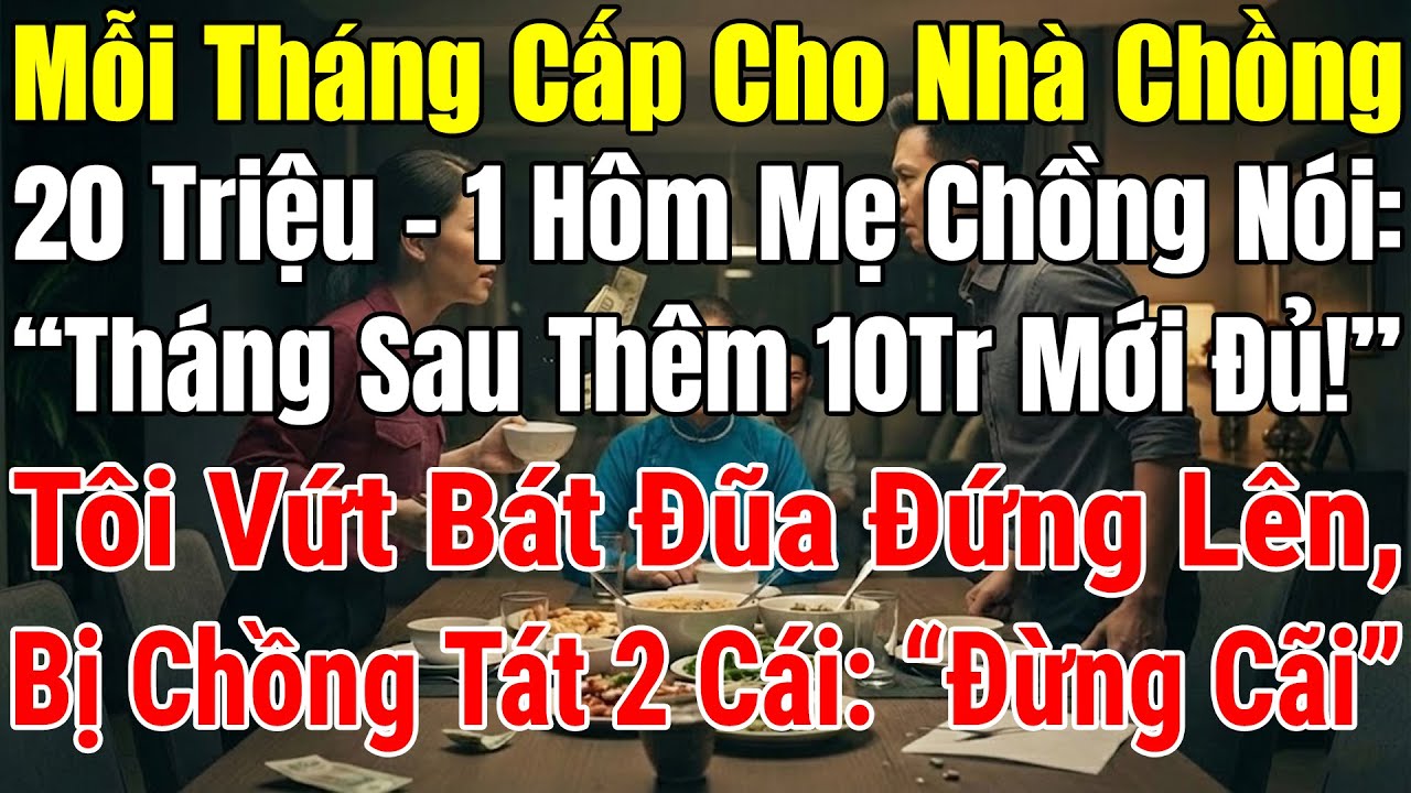 Mỗi Tháng Cấp Cho Nhà Chồng 20Tr,Mẹ Chồng Nói:"Thêm 10Tr Mới Đủ!",Tôi Vứt Bát Đũa Bị Chồng Tát 2 Cái