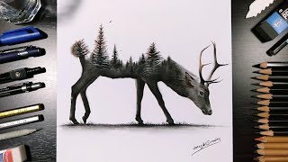 Drawing Deer with Pine trees using Charcoal Pencil