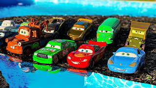 Disney Pixar Cars falling into deep pool, Lightning McQueen, Tow Mater, Mack, Sally, Francesco