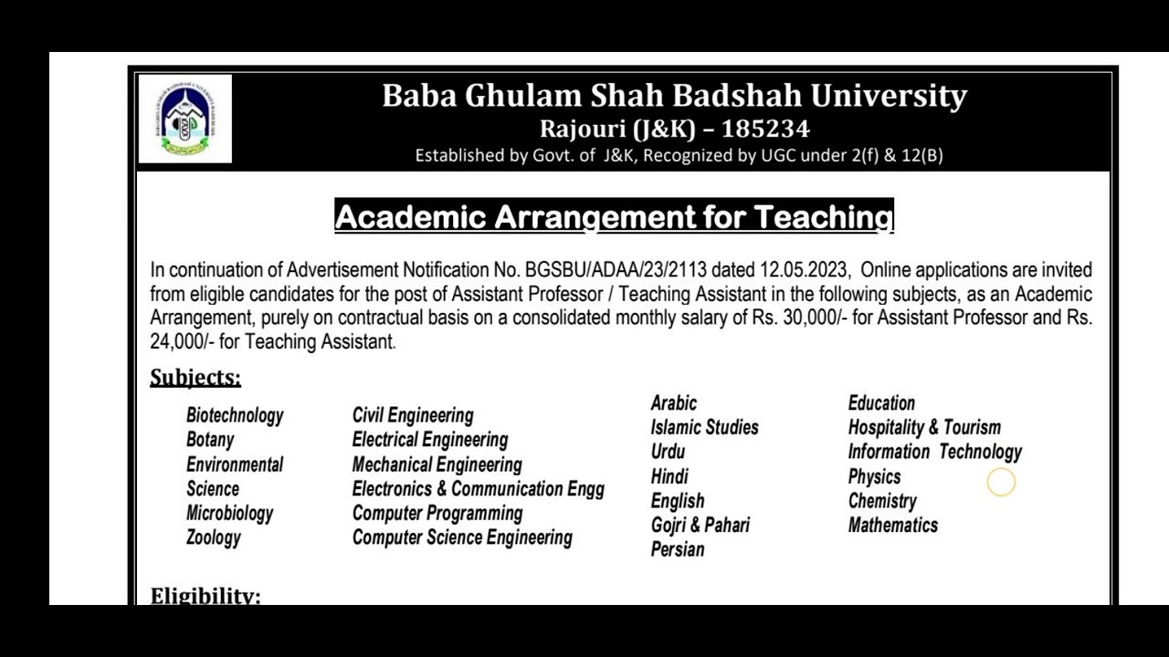 BGSBU Recruitment 2023 || Contractual Basis || Assistant Professors & Teaching Assistants