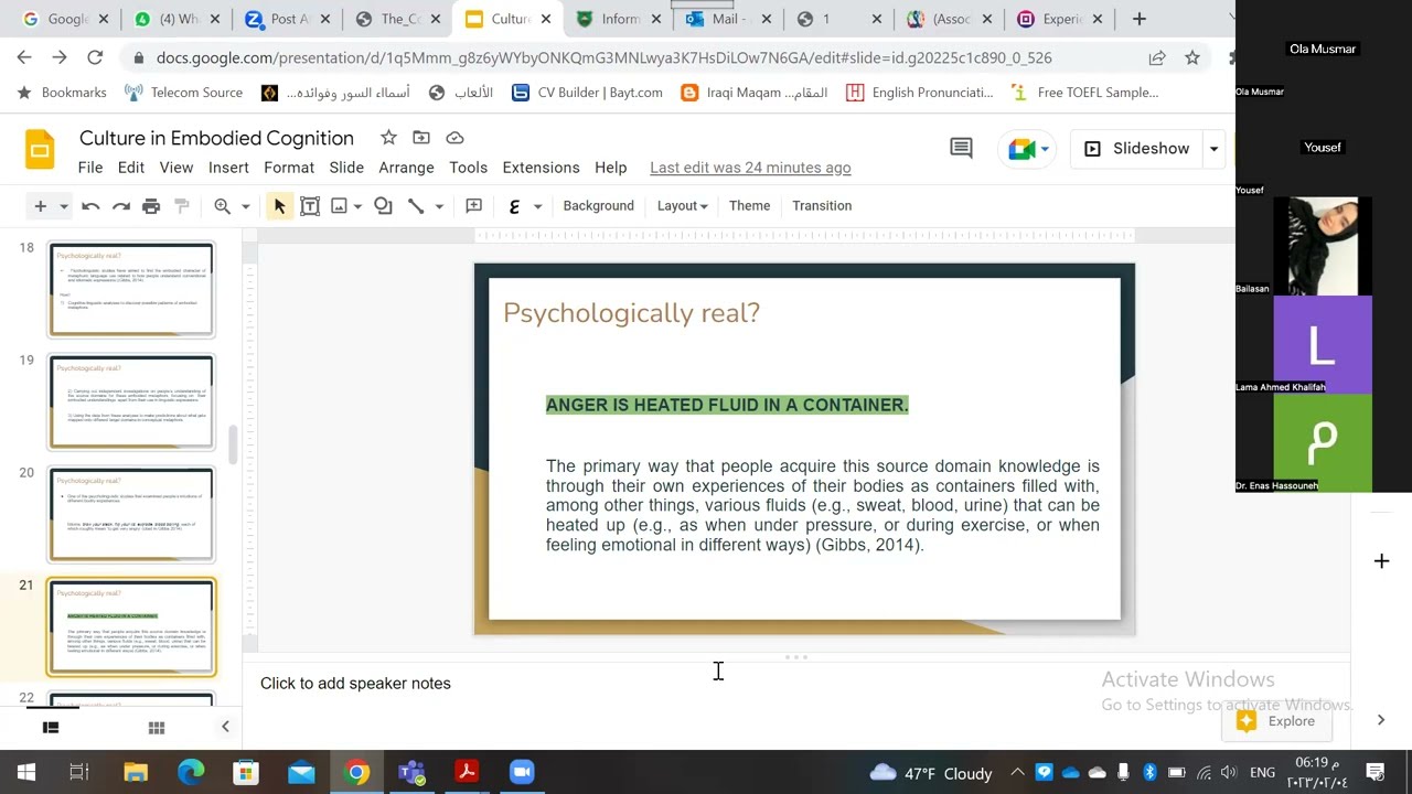Culture in Embodied Cognition: A View from the World of Metaphor and Metonymy. Doctor Aseel Zabin