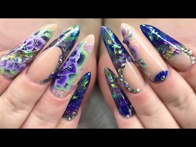 One Stroke Flower Designs on Russian Almond Acrylic Nails