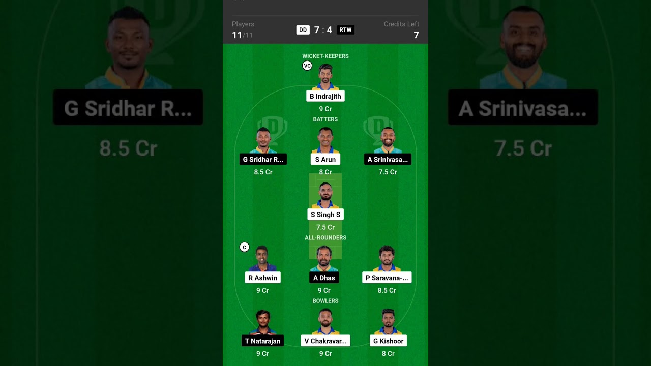 DD vs RTW today's TNPL match fantasy Team today 