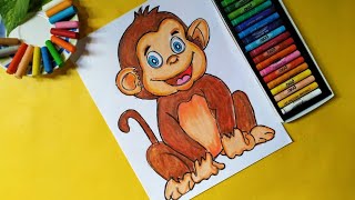 drawing : monkey , how to draw a cute monkey with oil pastel colour!3D drawing monkey!!