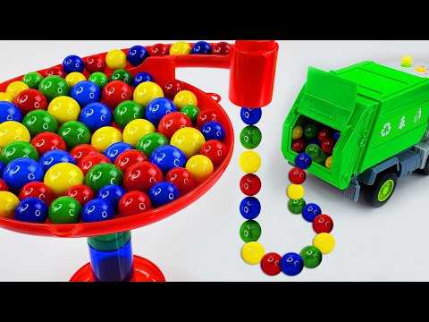 Marble Run Race ☆ HABA Slope & Retro Makita Truck, Excavator, Garbage Truck, Dump Truck,