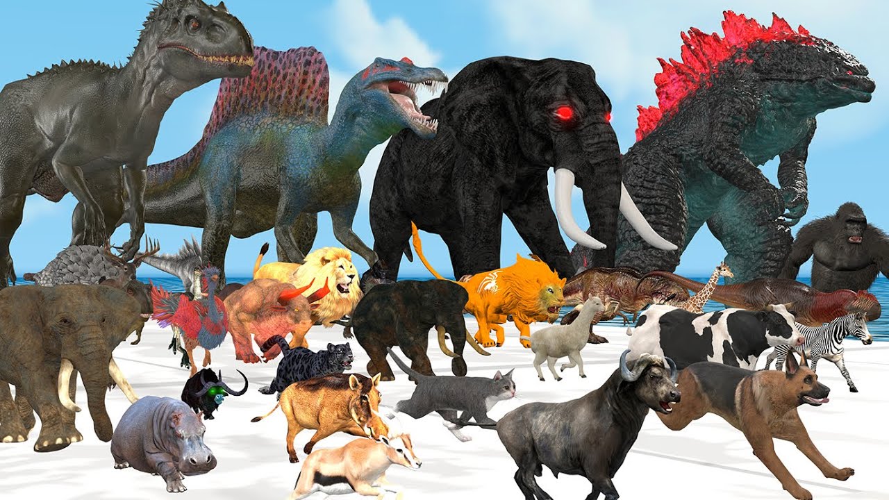 5 Giants Dinosaur Cartoon Race in the Matrix vs Godzilla, Kong,Cat,Horse,Elephant,Tiger,Cow,Buffalo