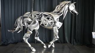 The stainless steel Mechanical Horse by Adrian Landon, at the Tesla Gigafactory in Reno, NV