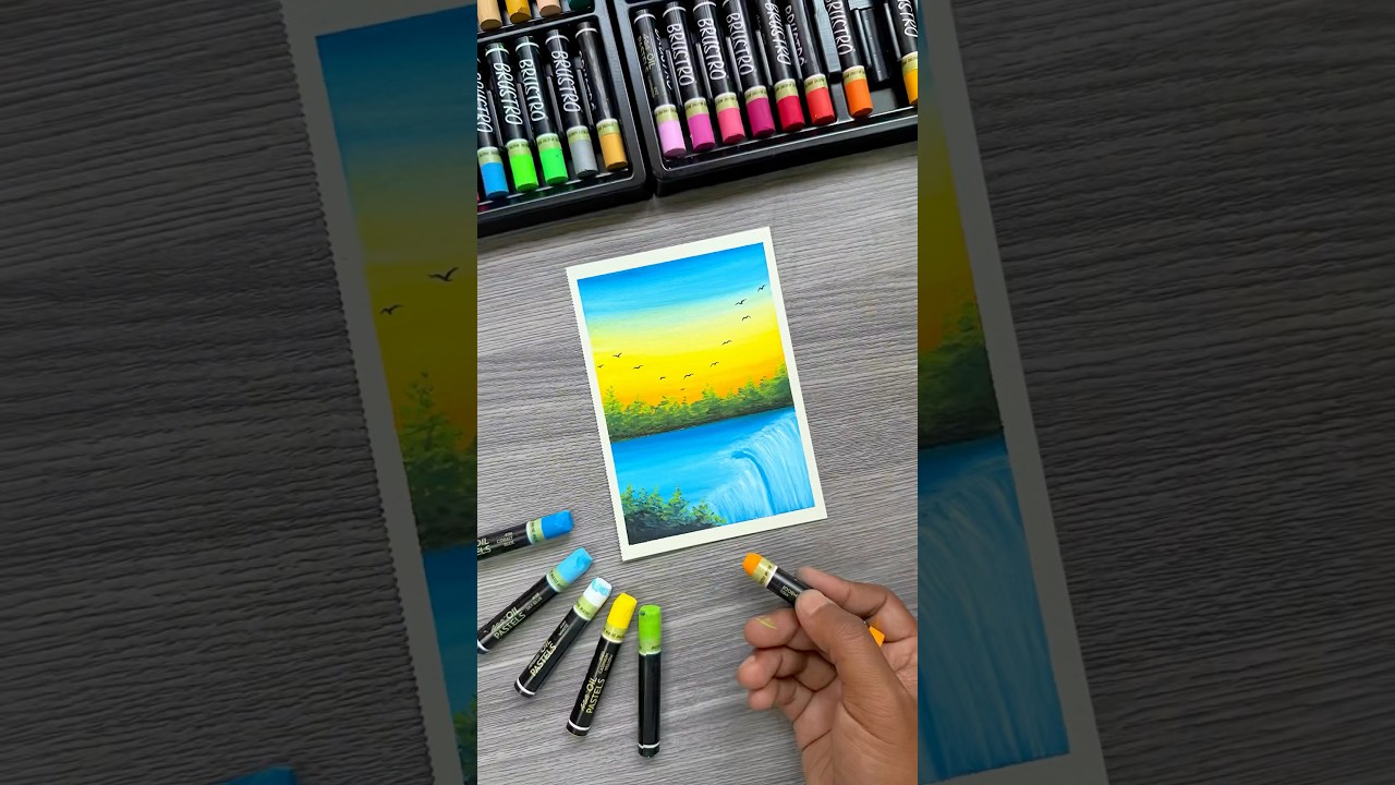 Easy Sunset & Waterfall Drawing 🌅💦 | Oil Pastel Landscape Art