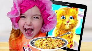 Nastya and Funny Cat eats Breakfast and Plays - Morning Routine - Настя   играет со смешным котом