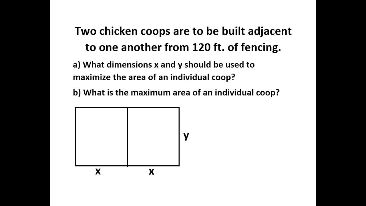 Maximazation Problem Chicken Coop Problem Maximize The Area Of The Chickent Coop 