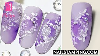 Floral nail art with bead and purple marble paint (nailstamping.com)