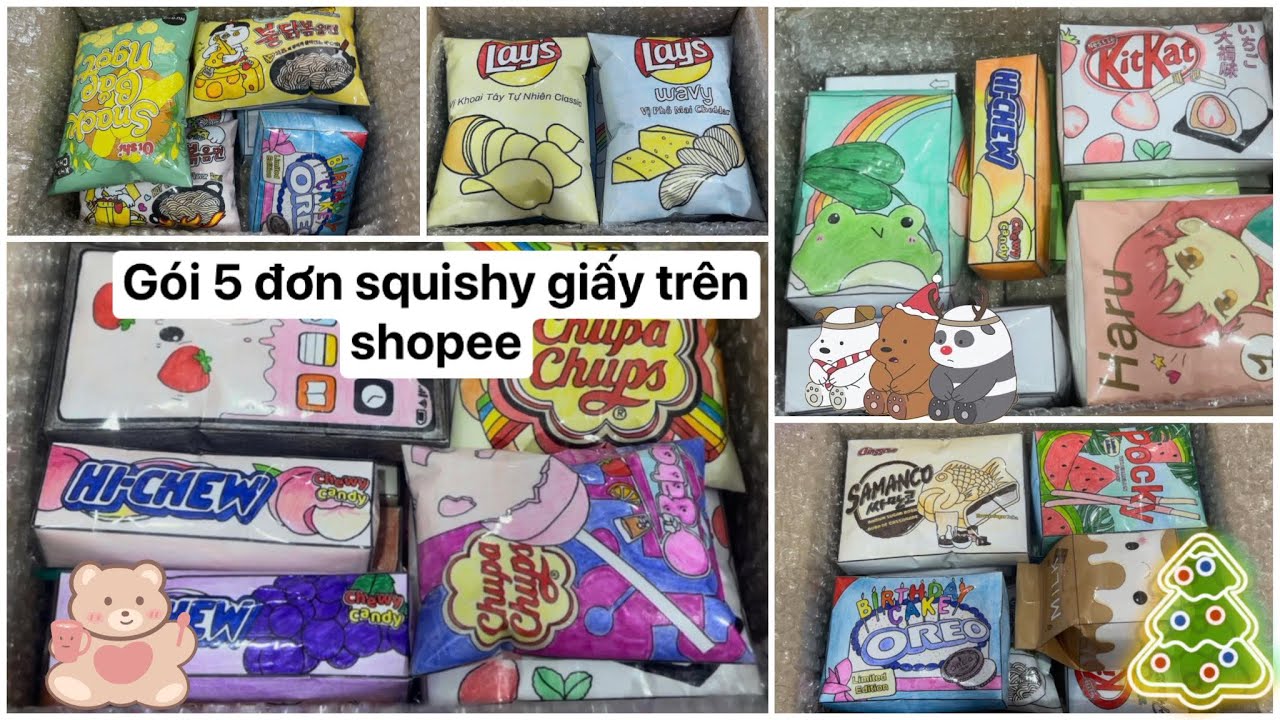 ASMR Gói 5 đơn hàng squishy giấy trên shopee cùng mình - ASMR packing 5 paper squishy orders