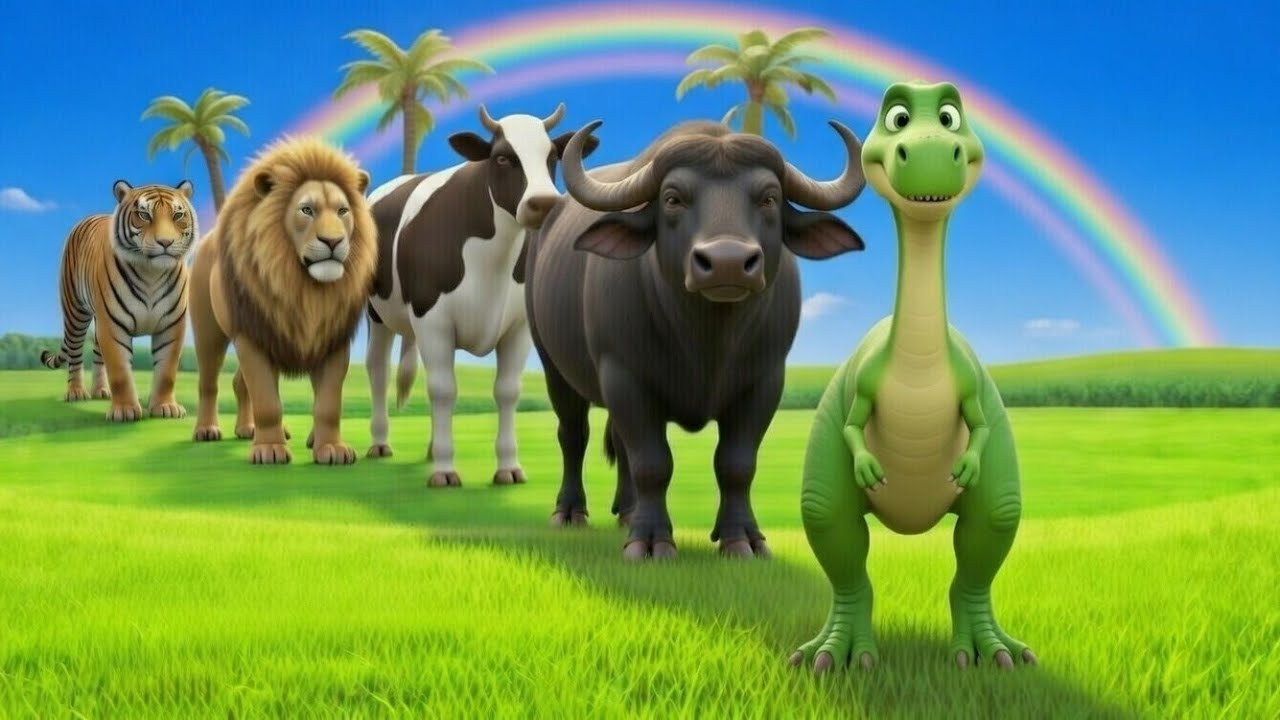 لعبة التزحلق الطويل مع بقرة وفيل وغوريلا وفرس نهر ونمر، لعبة حيوانات ثلاثية الأبعاد، رسوم متحركة s