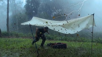 CAMPING DURING IN HEAVY RAIN WITH THE CRAZIEST THUNDERSTORM // struggling to build a shelter