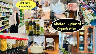 കിച്ചൻ കബോർഡ് ഒതുക്കാം👏|Grocery Shopping|Crockery Shelf Arranging|Organising|Kitchen Tips Malayalam