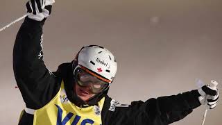 Moguls skier Mikael Kingsbury on his finish-line celebration