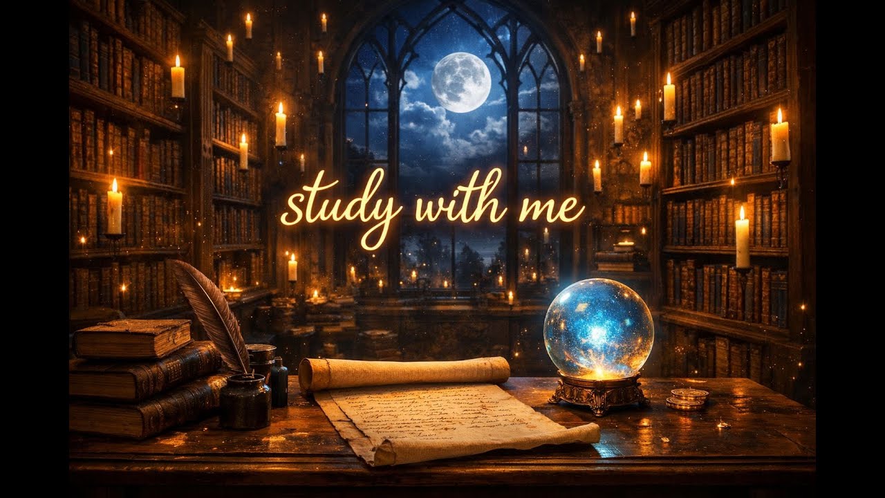 Magical Academy Library Ambience 🕯️ Floating Candles, Rain & Fireplace Sounds | ASMR Study