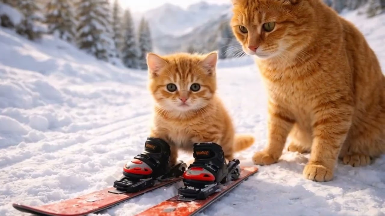 A Ginger Cat Family’s First Ski Adventure in the Mountains ❄️🐾