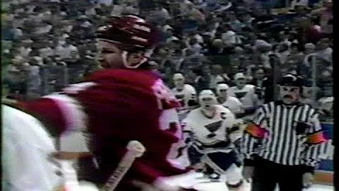 Bob Probert smacks Goalie Vincent Riendeau