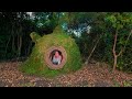 Building complete and warm survival shelter  Bushcraft earth hut, grass roof & fireplace with clay