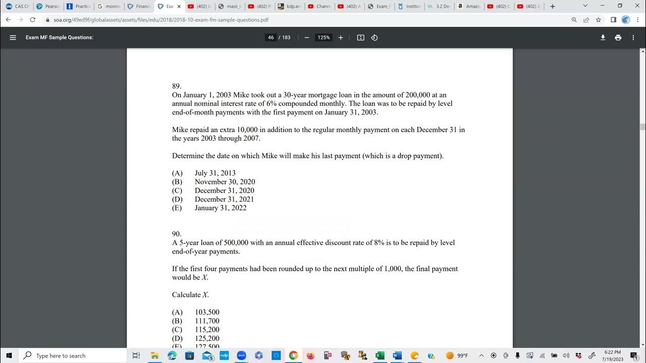 Actuarial soa exam fm prep lesson 62 soa sample question 89 solution