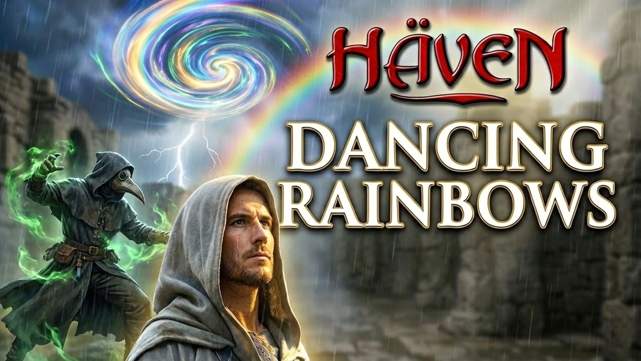 Hooded figures under swirling rainbow vortex, lightning striking, with a rainbow and ruins in the background. Text: Häven, Dancing Rainbows.