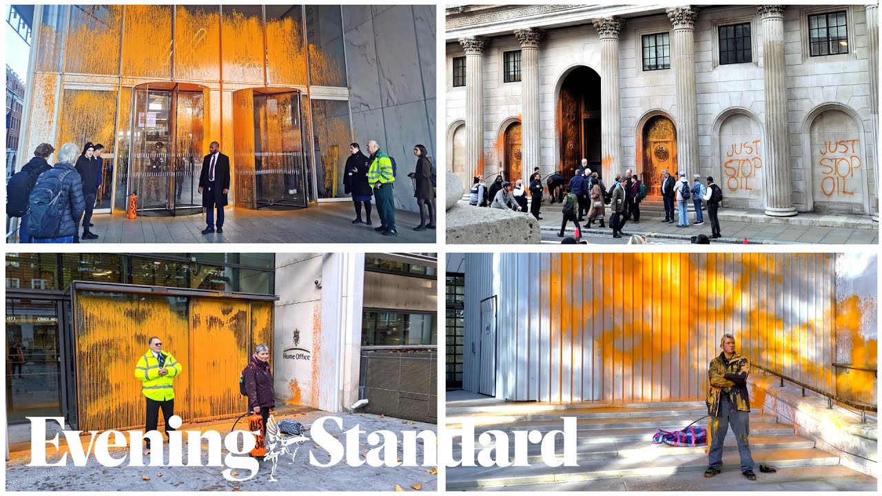 Just Stop Oil supporters spray orange paint onto the MI5 building, Home Office, Bank of England