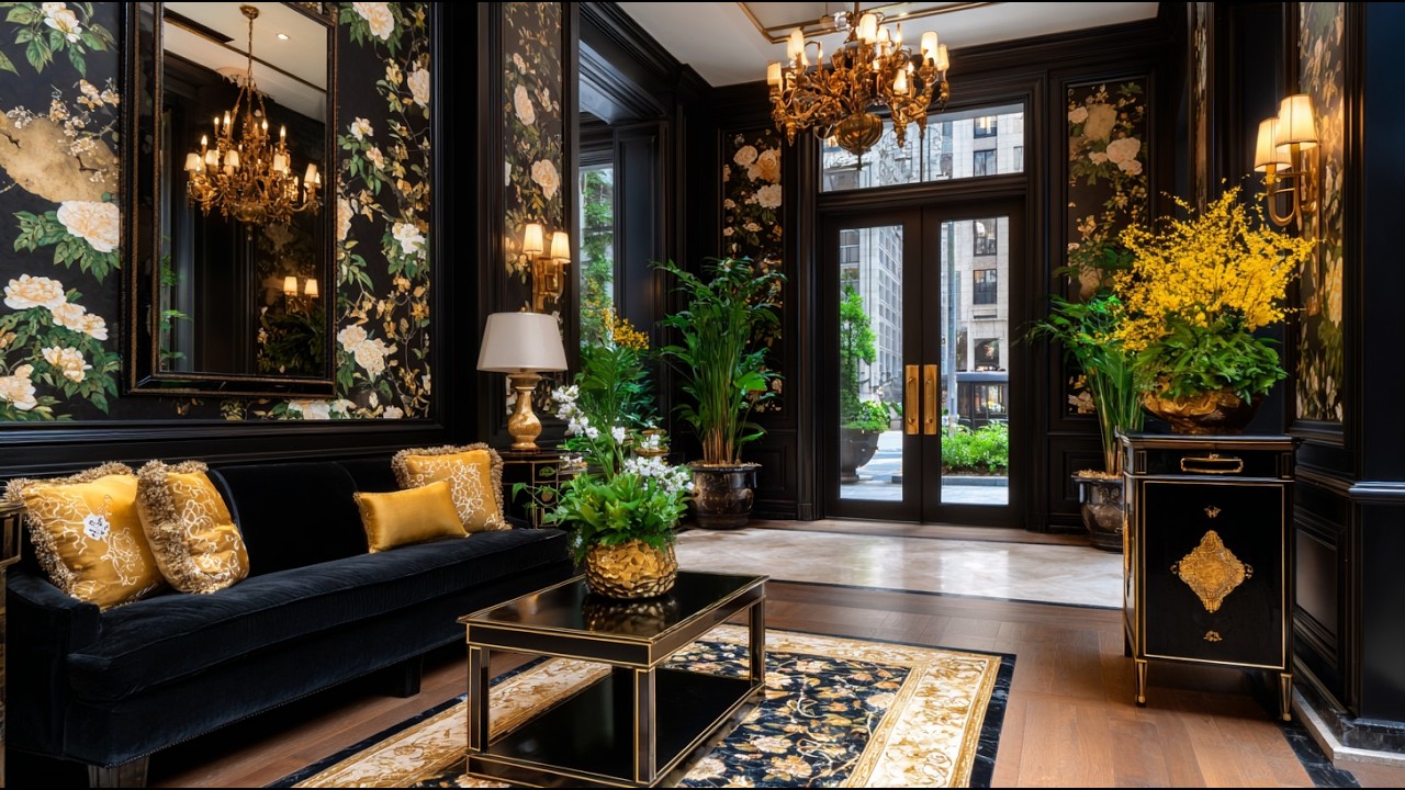 Роскошный китайский стиль в прихожей 2026: шелковые акценты цвета бархатцев и отделка черным цвет...