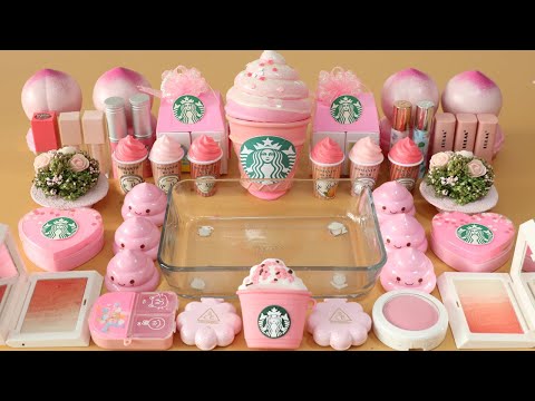 MixingPink Starbucks Eyeshadow And Makeup,Parts,Glitter Into Slime!Satisfying Slime Video!Asmr