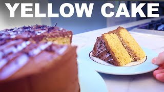 Yellow cake with chocolate buttercream frosting