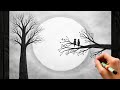 beautiful Circle Drawing of Nature | Moon night Nature drawing Step by Step | Bird couple on tree