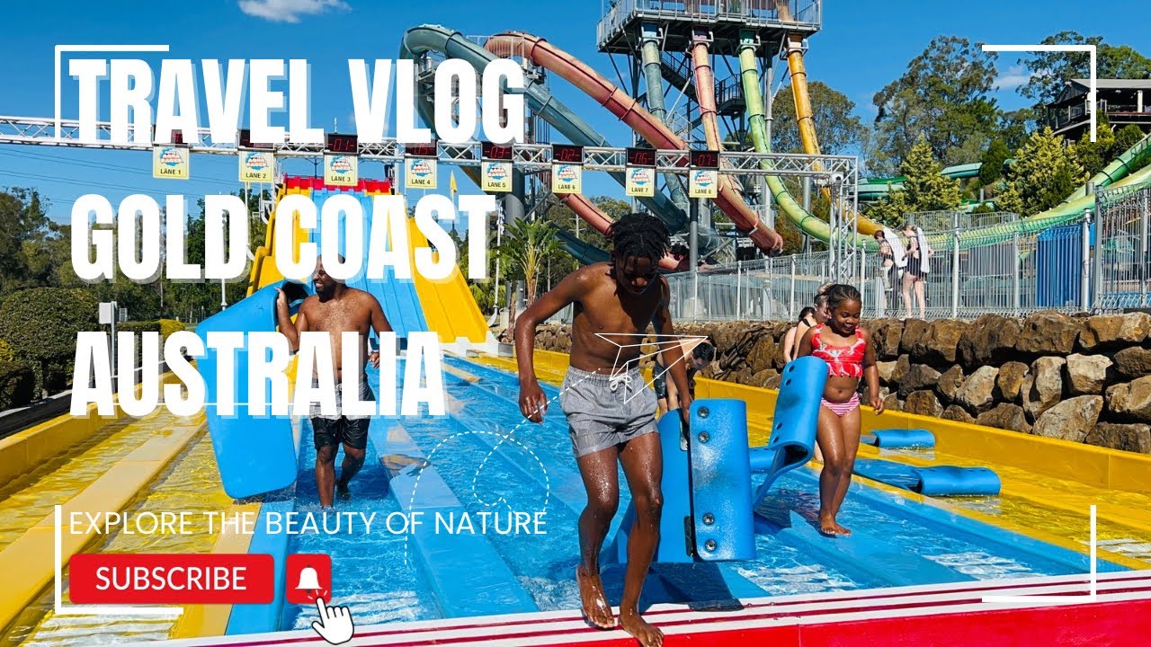 Gold Coast family vacation travel vlog thumbnail showing theme park and beach activities in Queensland